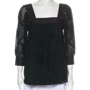 Milly Three-Quarter Sleeve Cotton Eyelet Blouse with Square Neckline